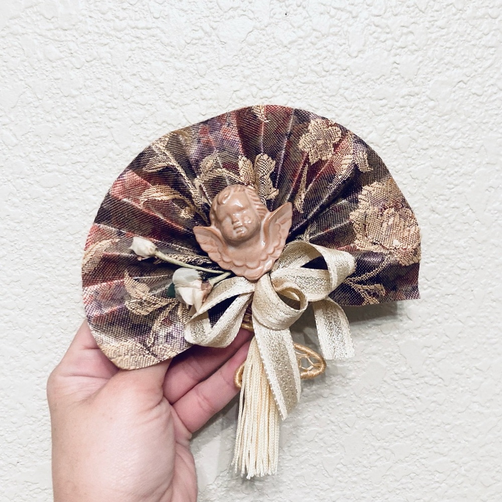 Vtg Handmade Cloth mini fan Wall hangings with Cherrub Angels Whimsigoth Cottage